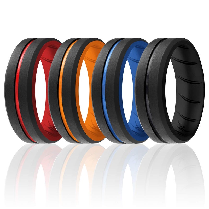 ROQ Silicone Rubber Wedding Ring for Men, Men's Wedding Band, Breathable Rubber Engagement Band, 8mm Wide 2mm Thick, Engraved Duo Middle Line, 4 Pack, Black, Red, Orange, Light Blue, Size 10 - Image 1